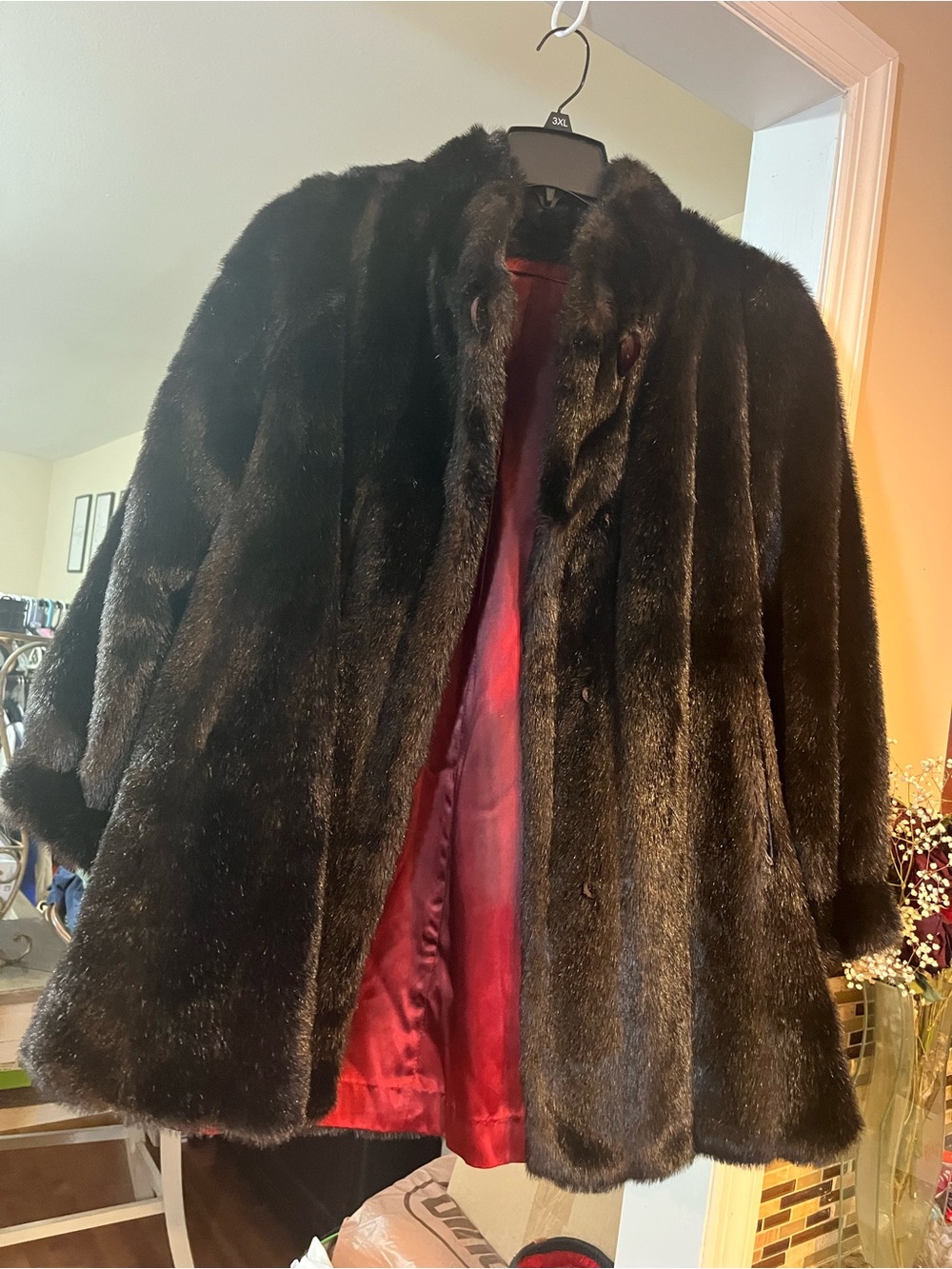 VTG Dubrowsky & Perlbinder Classic Black Faux Fur Coat with Red Lining large